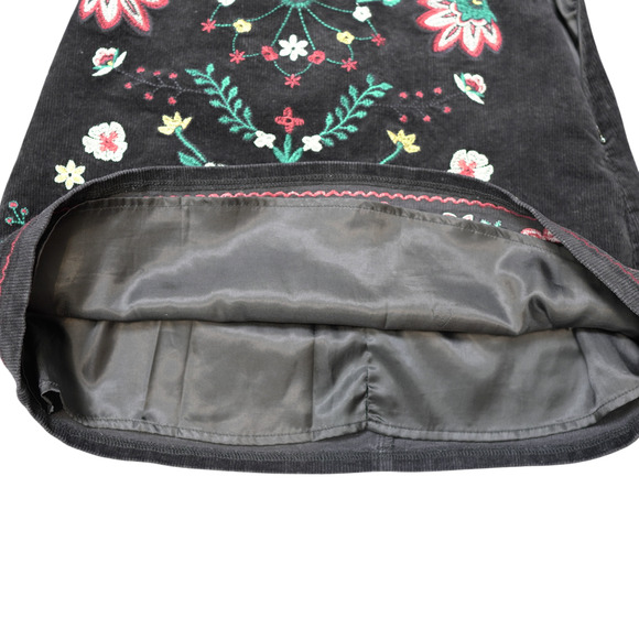 Blu Pepper Black Mini Skirt Sz S Embroidered Floral Corduroy Lined Cotton Skater - Picture 4 of 10